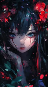 Crimson-lit ethereal girl portrait with abstract floral shards.