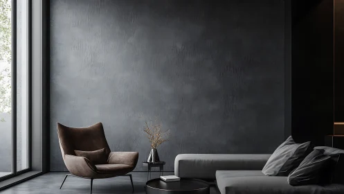 Minimalist dark living room with lounge chair and sofa