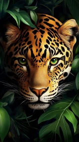 Leopard face is centered between dense green foliage