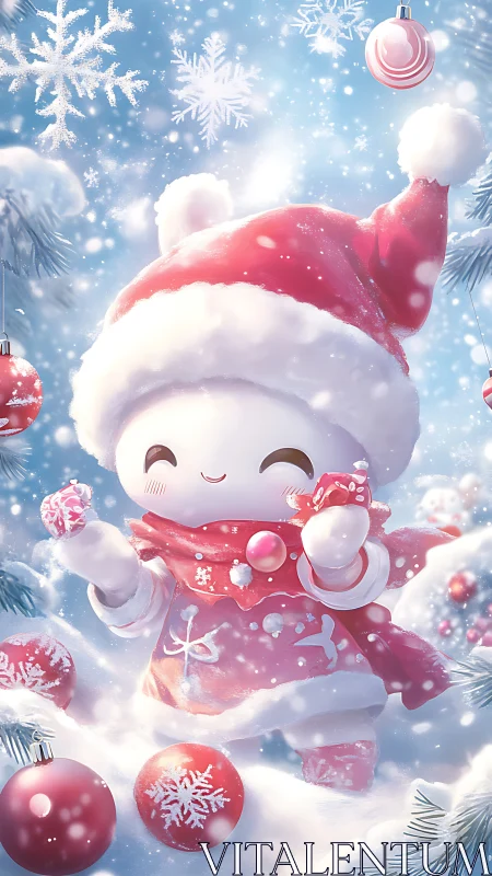 Cartoon character in red winter outfit amid snow scene.
