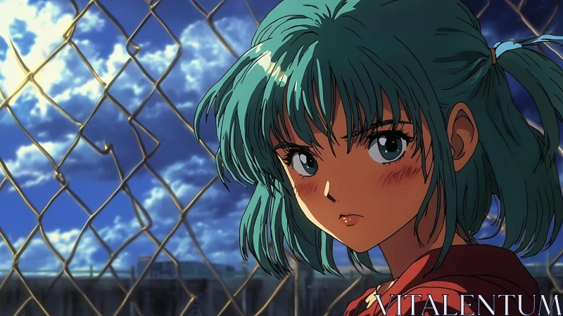 Windlit anime portrait against chain-link fence with dynamic sky