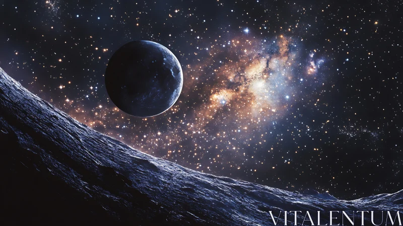 Distant planet above icy moon with dense star field