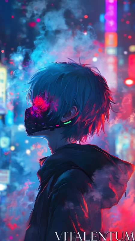 Neon-breathing wanderer exhales ghosts into the city haze