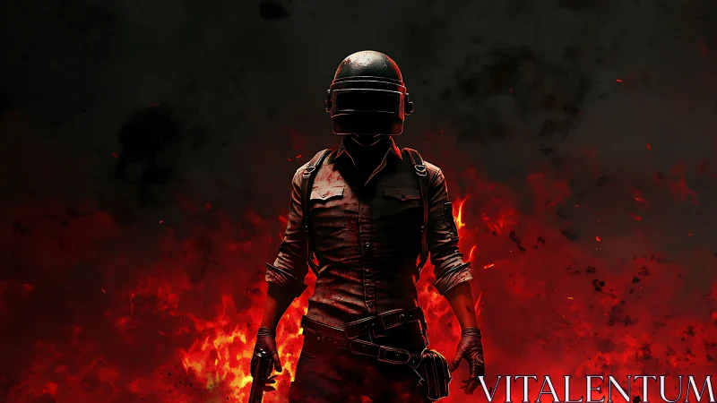 Fierce game warrior strides forward through blazing fire