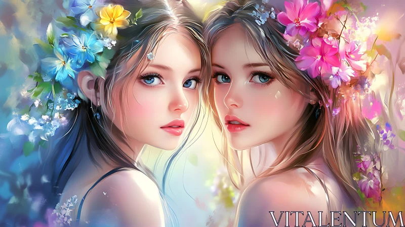 Twin floral muses gaze through luminous pastel bloomscape.