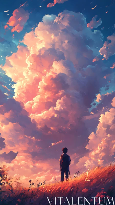 Skyward daydreams unfold as a quiet child greets sunset clouds