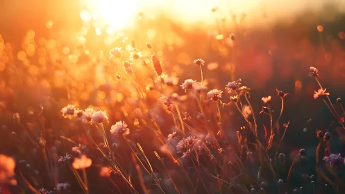 Wildflower field under intense backlit sunset glow.