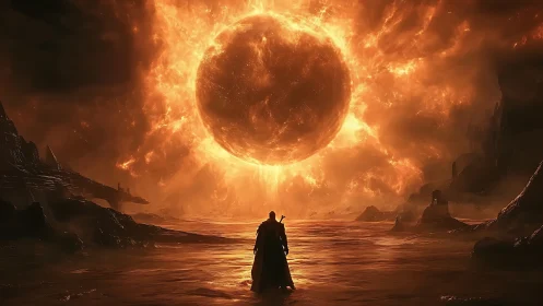 Lone wanderer greeting a burning cosmic sunrise of fire.