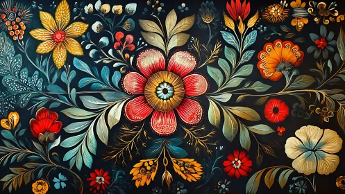 Floral pattern with stylized blossoms on dark background.