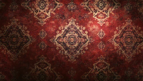 Ornate crimson rug with aged oriental medallion pattern.