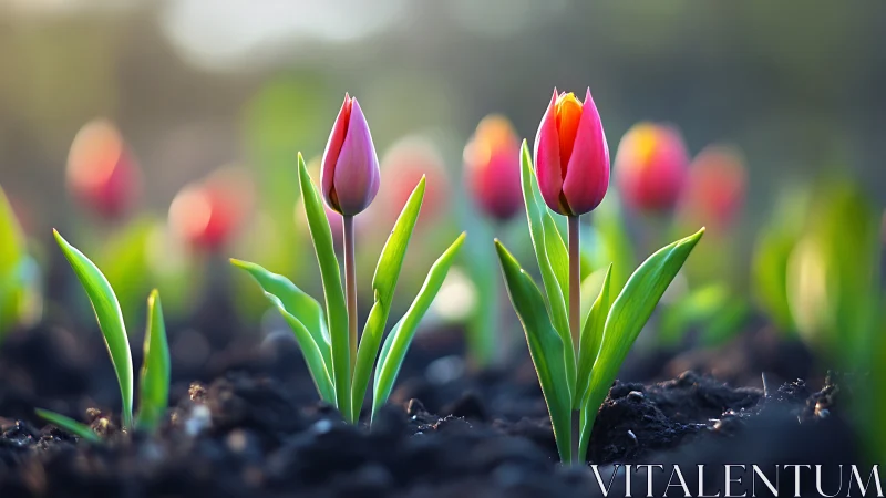 Red tulip buds with green stems emerging from dark soil