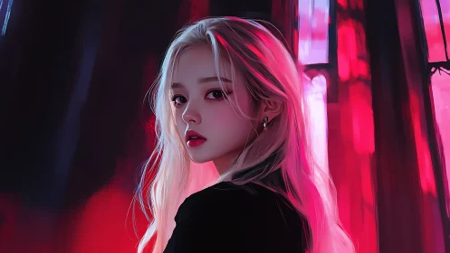 Soft pink neon glow around a thoughtful blonde portrait.