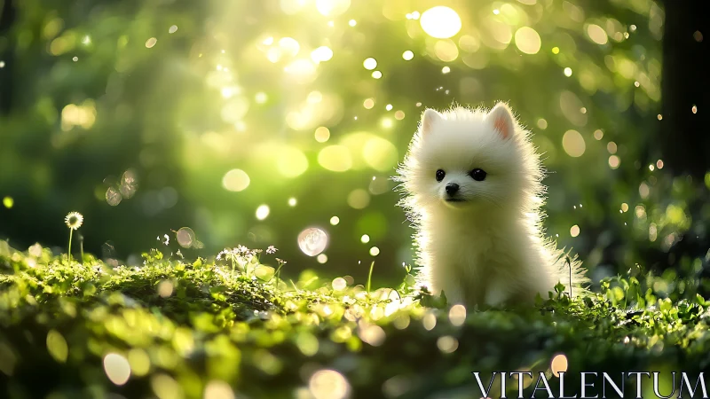 Backlit Pomeranian puppy in shallow-depth forest luminance field.