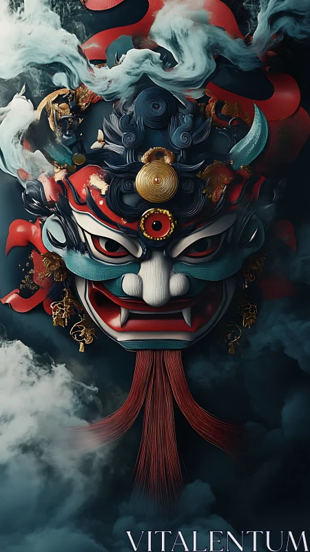 Storm-tongued dragon mask breathing ribbons through clouds.