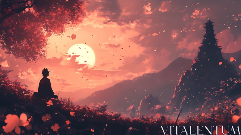 Solitary cloaked figure facing distant pagoda at sunset.