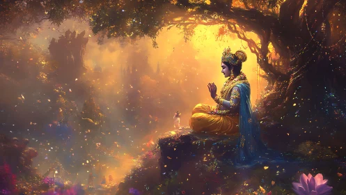 Golden forest meditation with serene divine figure at dusk.