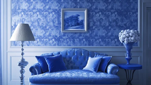 Monochromatic blue living room with tufted sofa and textured wall