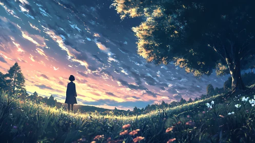 Anime sunset meadow with silhouetted figure and luminous sky.