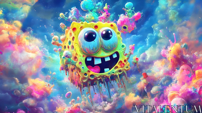 Neon sponge creature floats through explosive candy nebula.