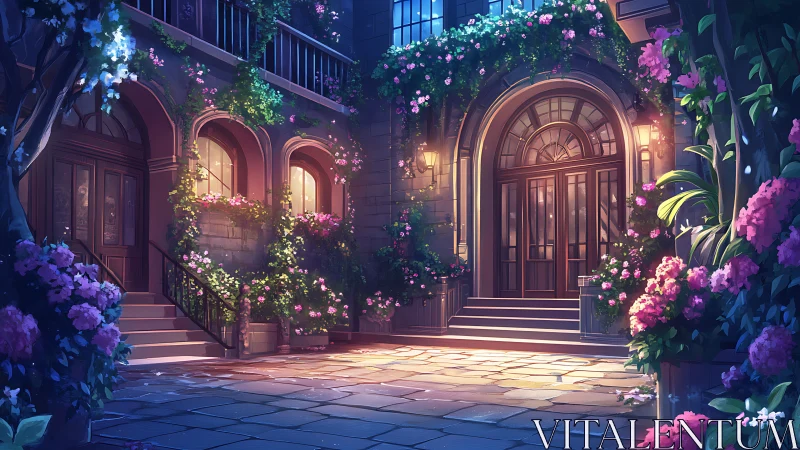 Evening blossoms cradle a glowing secret courtyard door