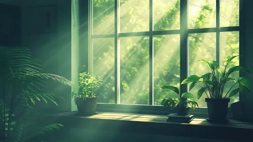 Indoor potted plants beside window with filtered daylight.