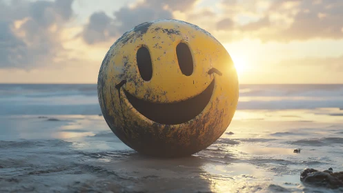 Weathered yellow smiley sphere rendered on wet reflective beach
