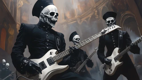 Skeletal metal band performing in gothic cathedral hall.