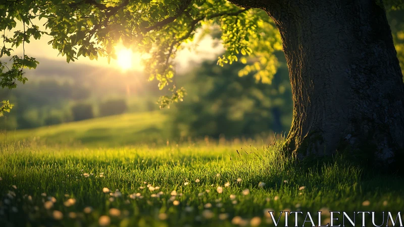 Sunlit meadow under ancient tree with glowing bokeh field.