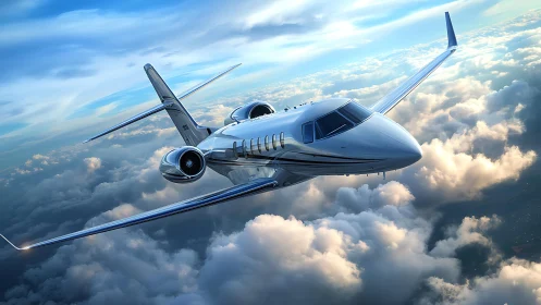 Private business jet cruising above dense cloud layer view.