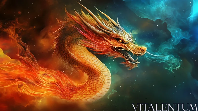 Fiery cosmic dragon curls through swirling nebula light