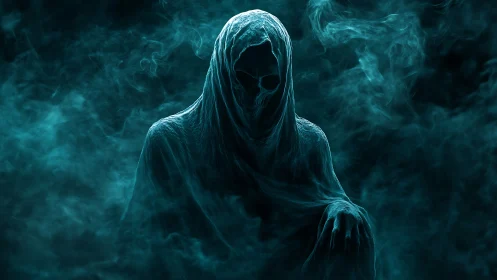 Shrouded reaper leans from swirling teal mist and waits