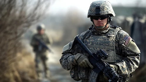 Calm focus of a soldier on patrol in quiet rugged terrain.