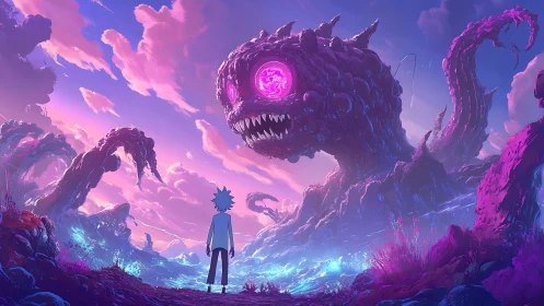 Scientist confronts colossal tentacled monster on alien coast