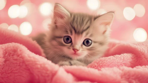 Adorable Kitten Nestled in Soft Pink Blankets.