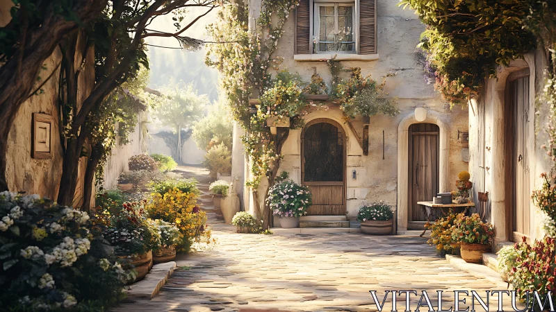 Sunlit rustic courtyard with overflowing Mediterranean flowers.