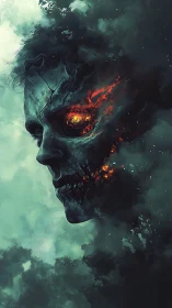 Burning skeletal profile emerging from dark green smoke.