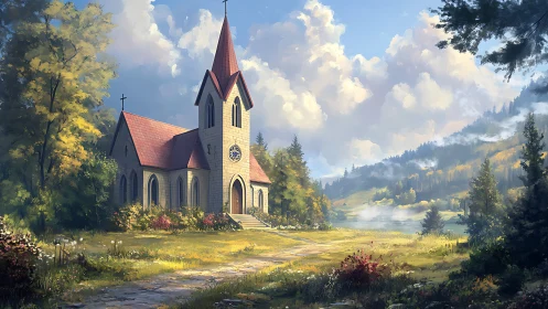 Sunlit countryside chapel amid misty valley landscape.