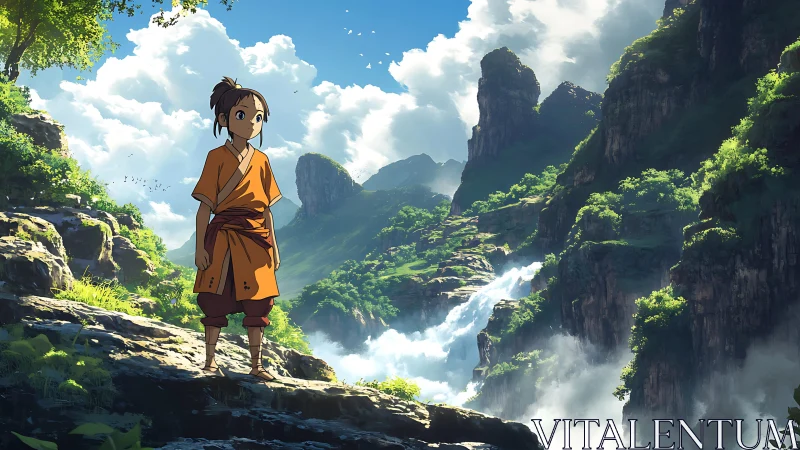 Young traveler greets a lush canyon of waterfalls and light