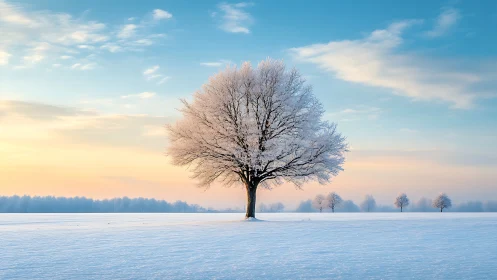 Solitary frost-covered tree anchors a tranquil winter horizon