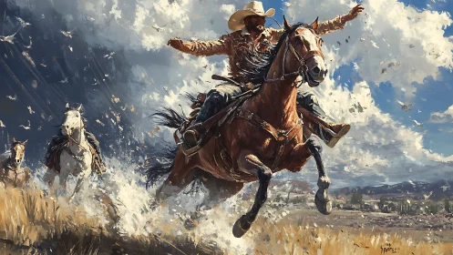 Wild galloping cowboy amid storm-swept prairie skies.