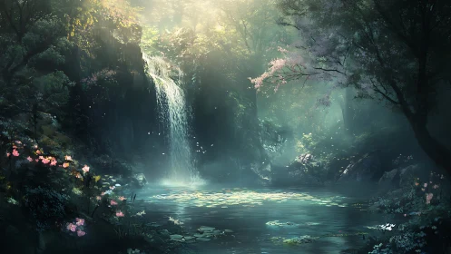 Mystic forest waterfall over tranquil lily pond at dawn.