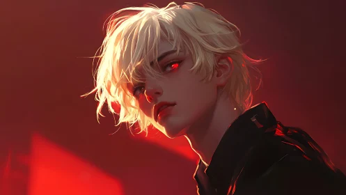 Blond anime-style character with glowing red eyes looks back