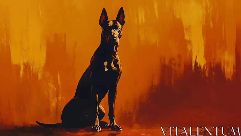 Stoic black dog silhouette against molten orange backdrop.