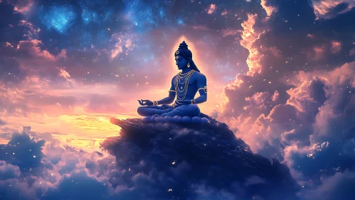 Celestial blue deity meditating on rocky summit amid luminous nebula