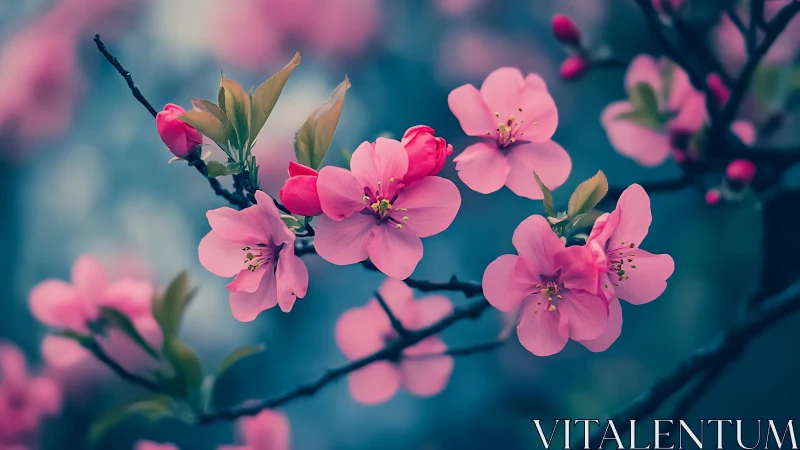 Pink Cherry Blossoms in Full Bloom Against Teal Sky.