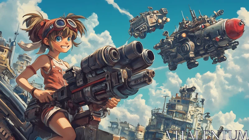 Goggles girl wields heavy cannon atop sunny skyfleet city.