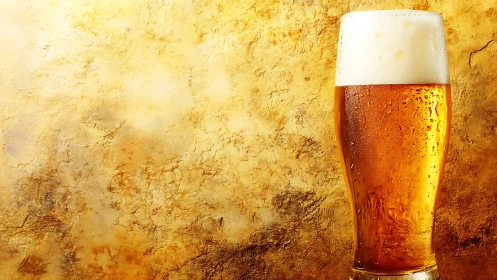 Chilled pilsner beer in tall glass against textured golden wall