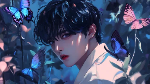 Moody anime boy surrounded by glowing blue butterflies.
