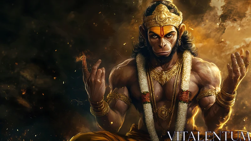 Digital depiction of mythological monkey deity in armor.