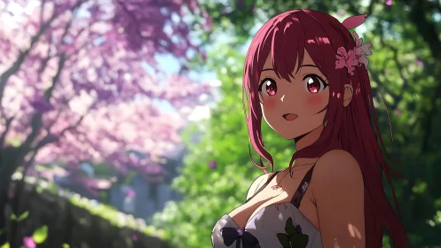 Anime portrait captures backlit girl amid shallow-depth cherry blooms